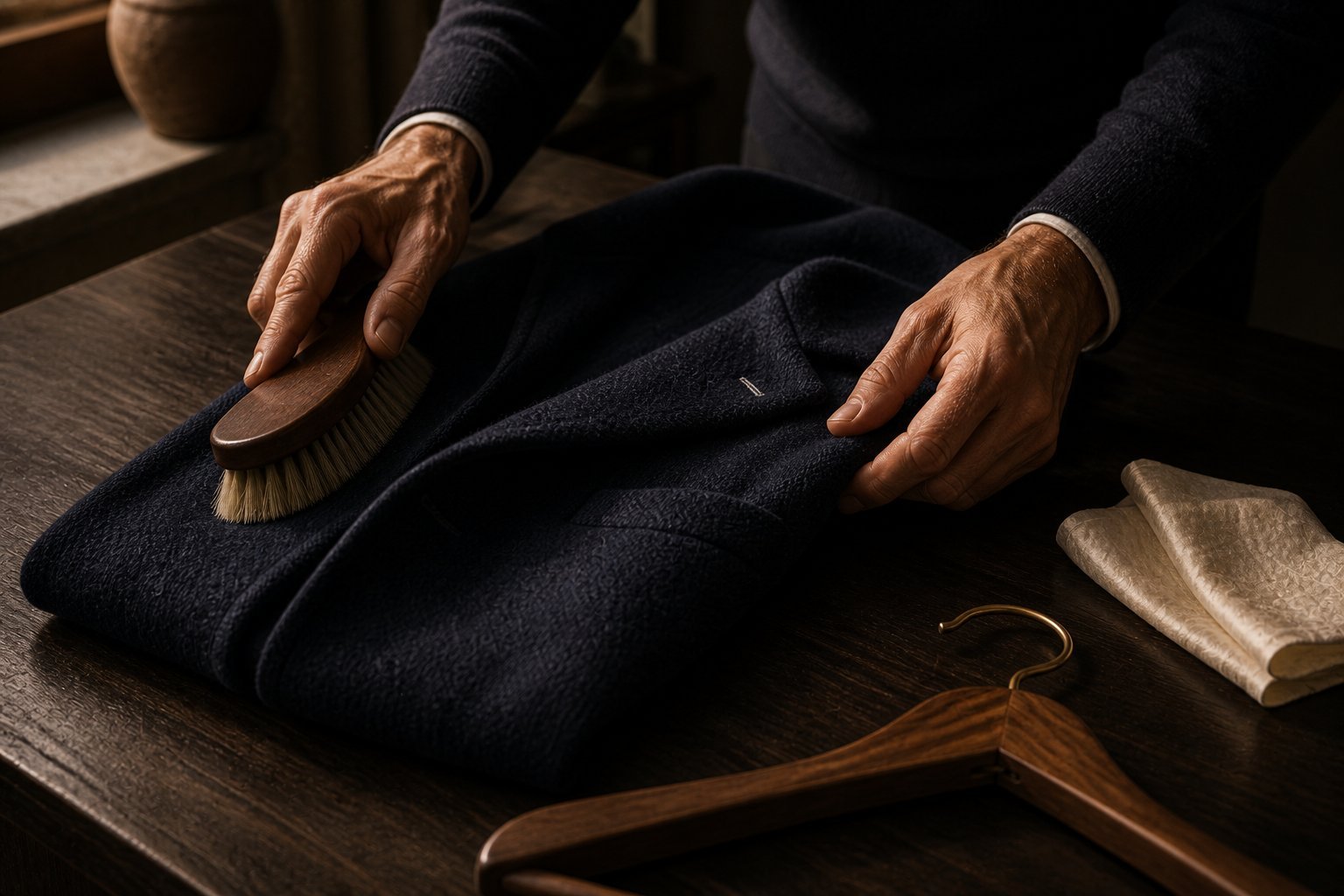 Manos cuidando una chaqueta de lana azul marino